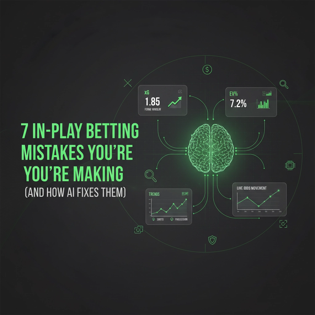 Green neon brain diagram with data panels around it and the title '7 in-play betting mistakes you’re making (and how AI fixes them)' on a dark background.