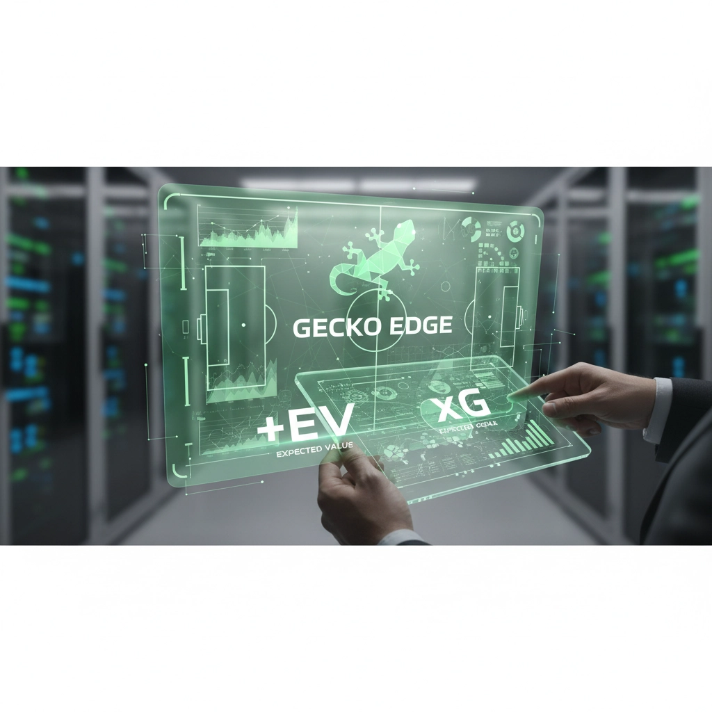 Futuristic holographic touchscreen showing Gecko Edge interface with +EV and XG in a data center server room, hands interacting with it.