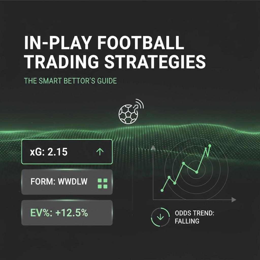 Infographic hero showing football trading metrics: xG 2.15, form WWDLW, EV% +12.5%, and a line chart with falling odds trend.