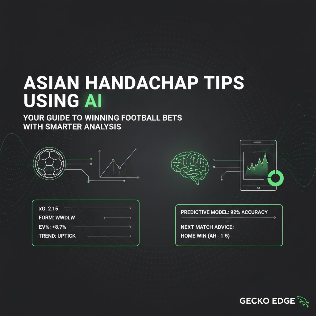 Infographic promoting AI-based tips for Asian Handicap betting, with soccer ball, brain icon, and smartphone chart visuals, GECKO EDGE logo.