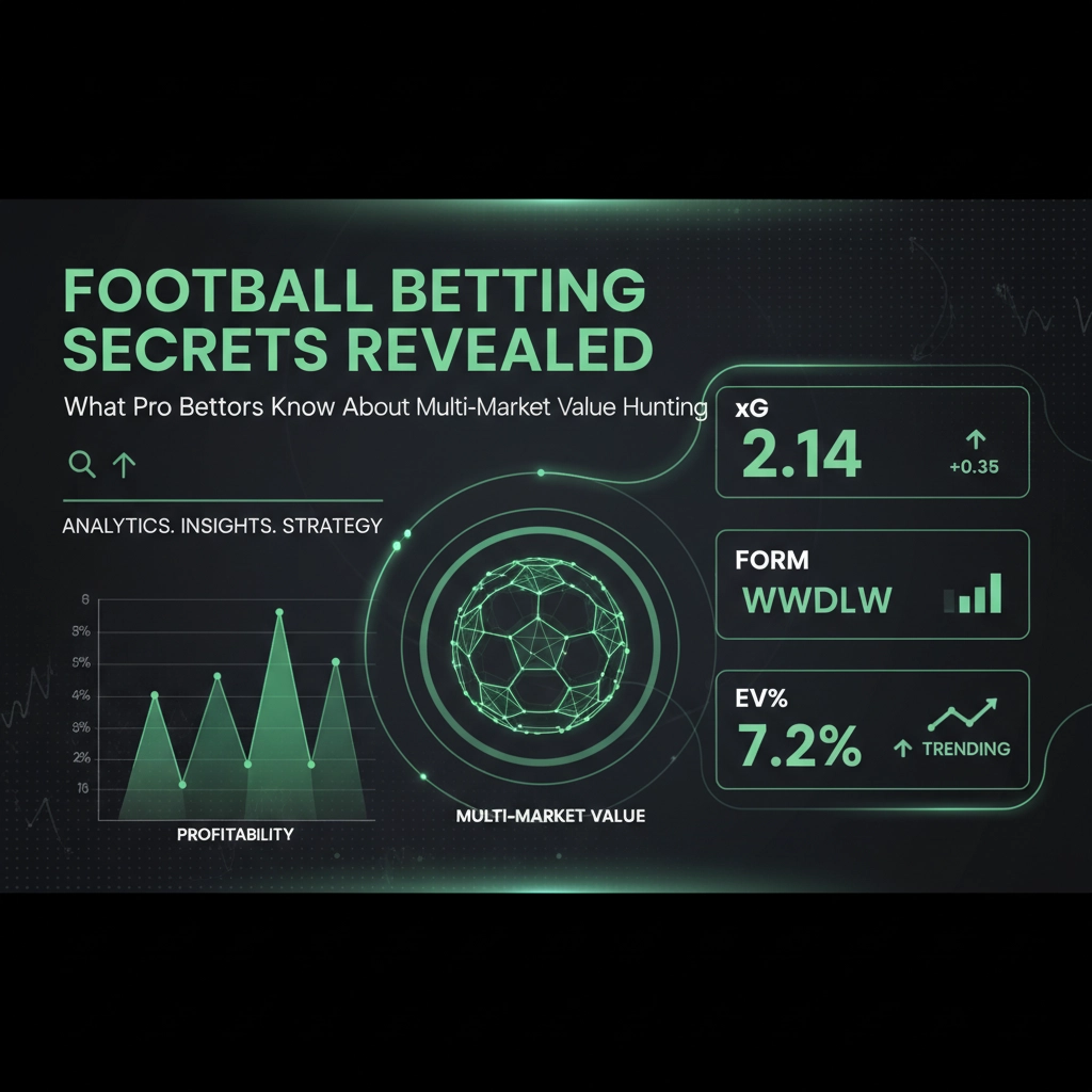 Infographic titled Football Betting Secrets Revealed showing analytics, a circular globe, and metrics like xG 2.14, form WWDLW, and EV% 7.2%.