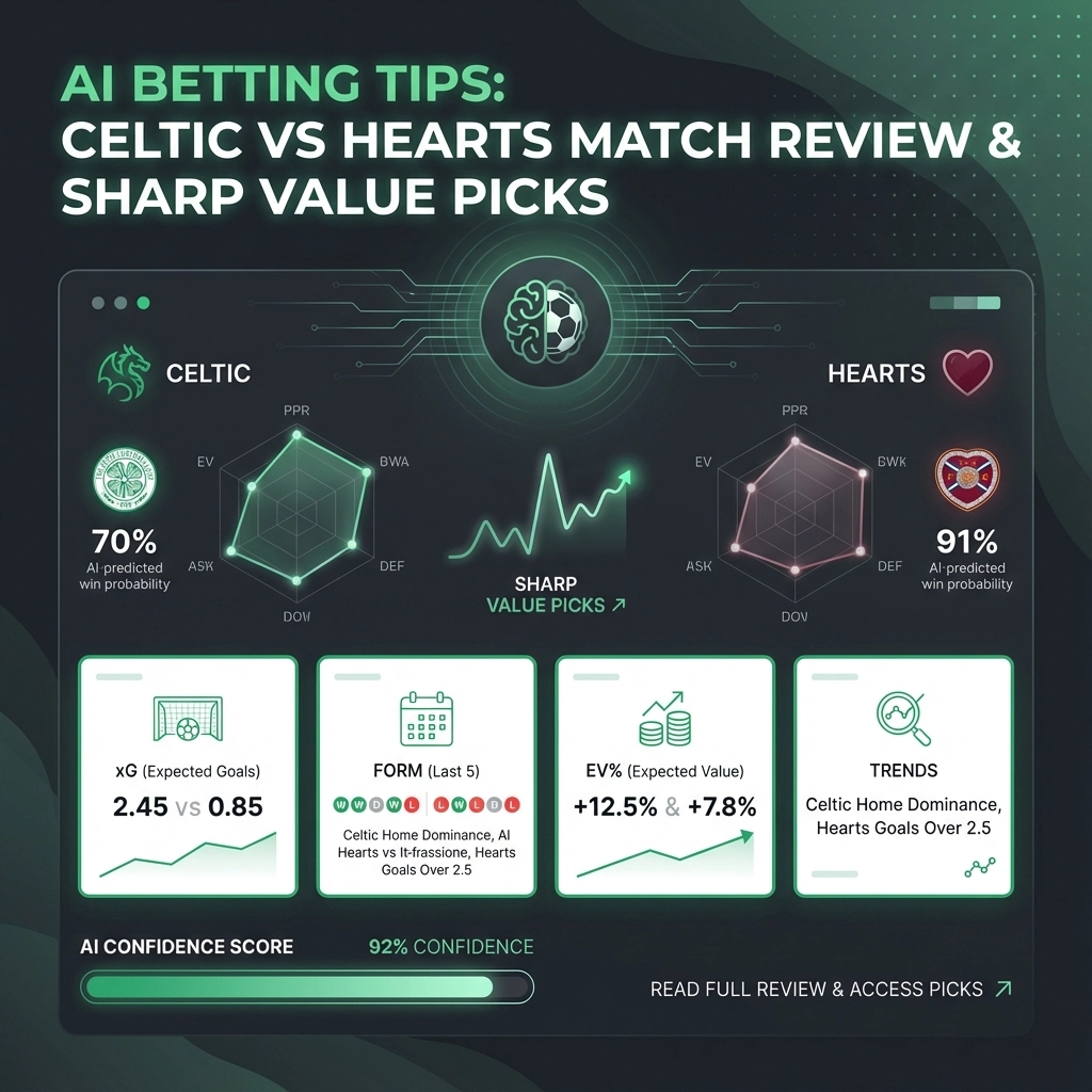 AI betting tips infographic: Celtic vs Hearts match review with AI win probabilities, charts, and value picks.