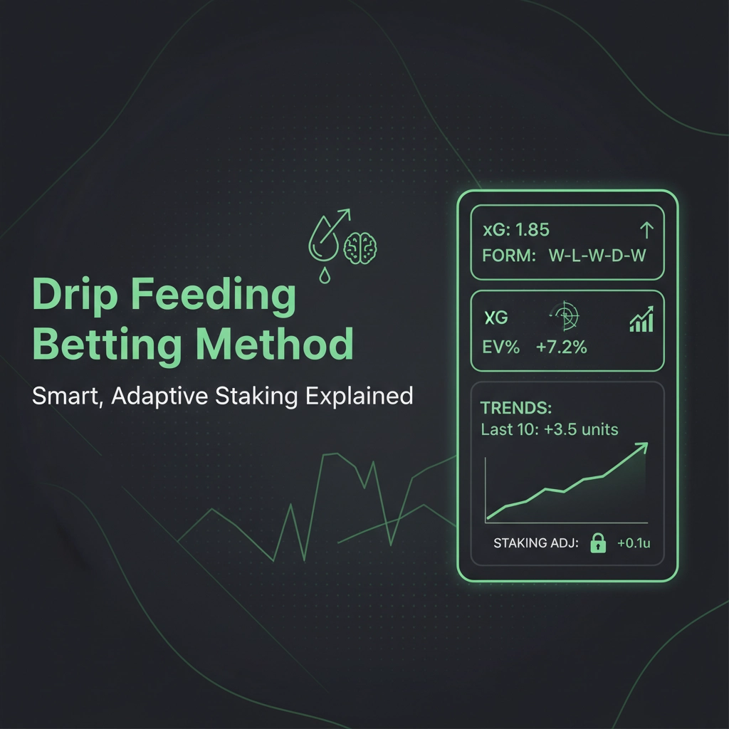 Neon-themed infographic about a 'Drip Feeding Betting Method' with the subtitle 'Smart, Adaptive Staking Explained' and a glowing dashboard showing a chart and metrics on the right.