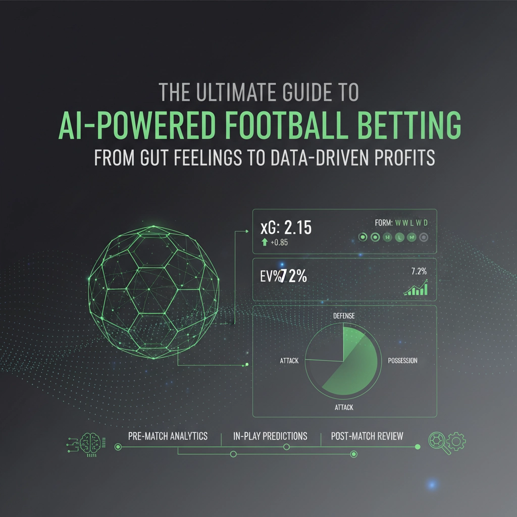 Promotional infographic about AI-powered football betting with a neon green network sphere and data panels on a dark background
