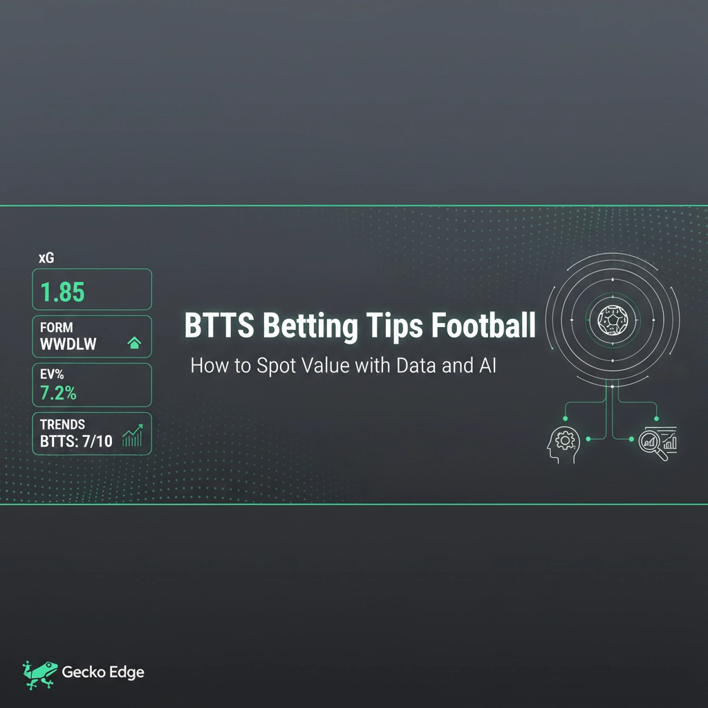 Slide from a presentation titled 'BTTS Betting Tips Football' showing data-driven betting tips with AI; left panel lists xG 1.85, FORM WVDLW, EV% 7.2%, and BTTS 7/10 trends; right shows a circular data graphic and icons; Gecko Edge logo bottom left.
