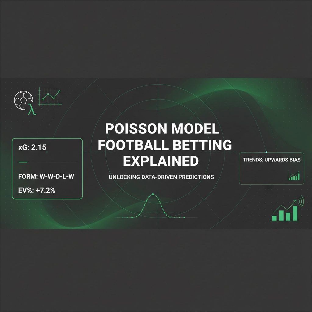 Poisson model football betting explained—data-driven predictions with a dark green, tech-themed infographic backdrop and a central title.