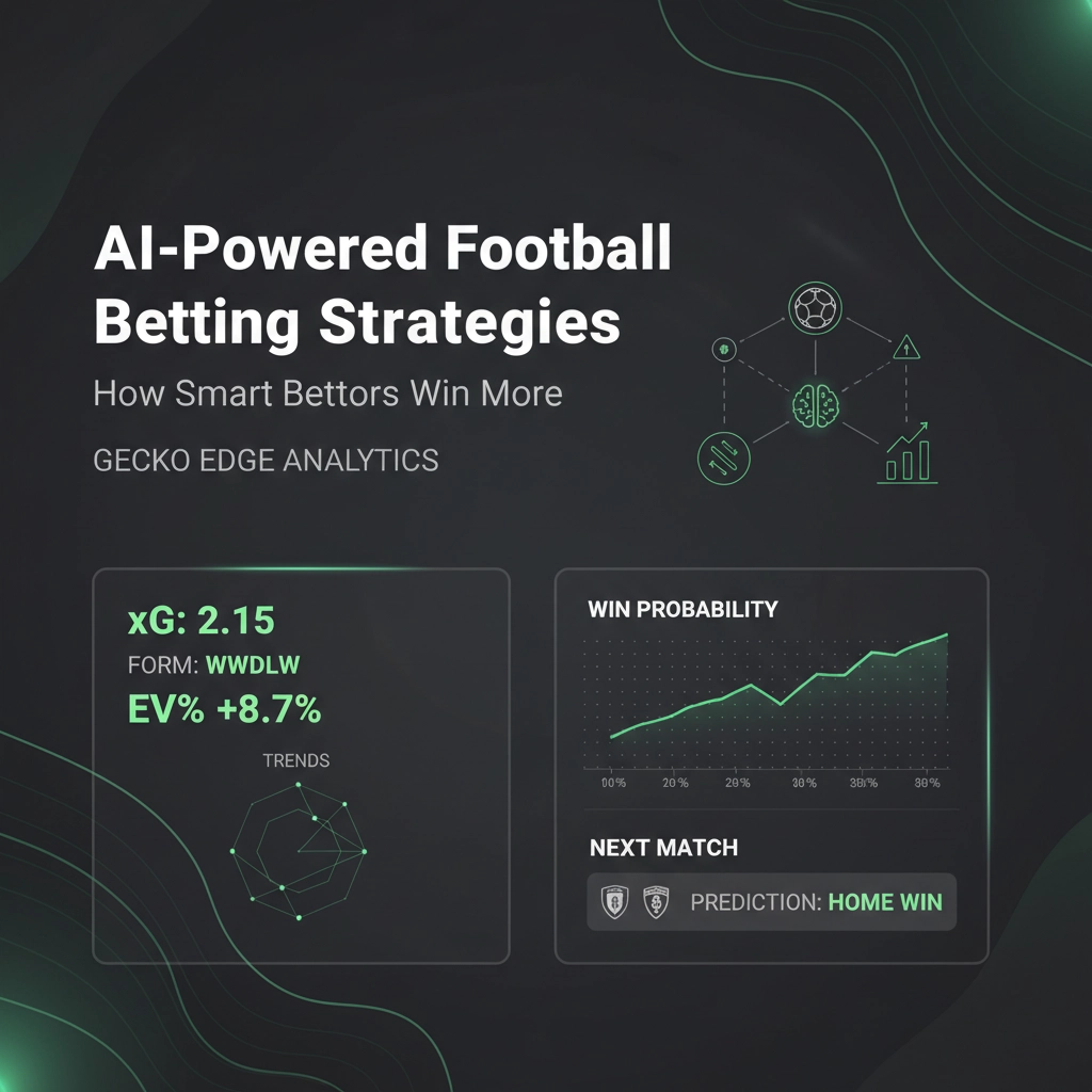 AI-powered football betting infographic showing expected goals, EV% and trends with a right-side win probability chart and next-match prediction: home win.