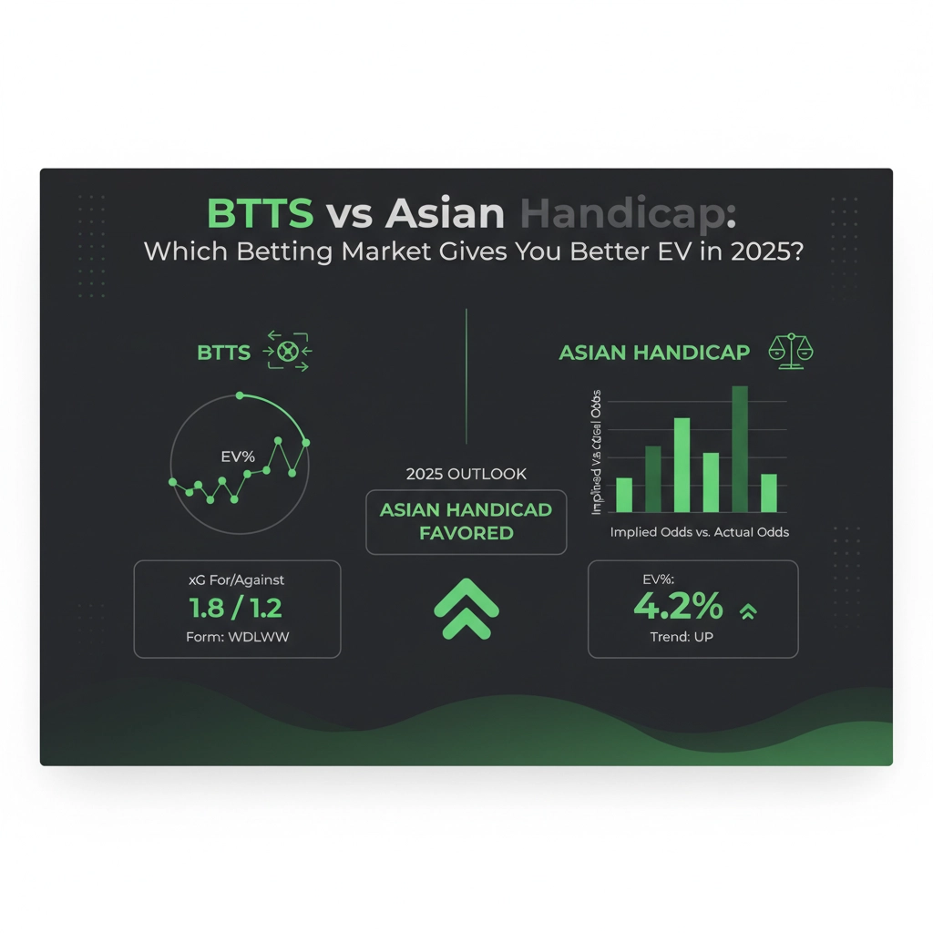 Infographic comparing BTTS and Asian Handicap bets, showing 2025 outlook and favored trend with charts and EV% indicators.