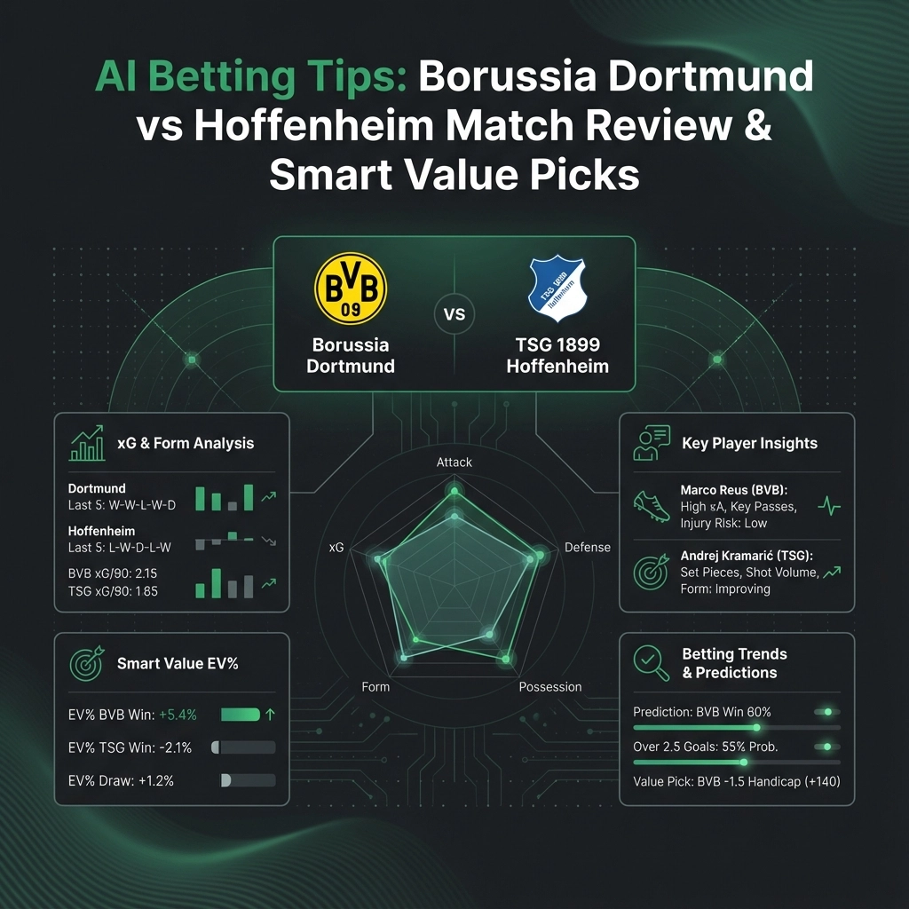 Infographic showing AI betting tips for Borussia Dortmund vs Hoffenheim with a central radar chart and panels on xG, Smart Value EV%, and betting trends.