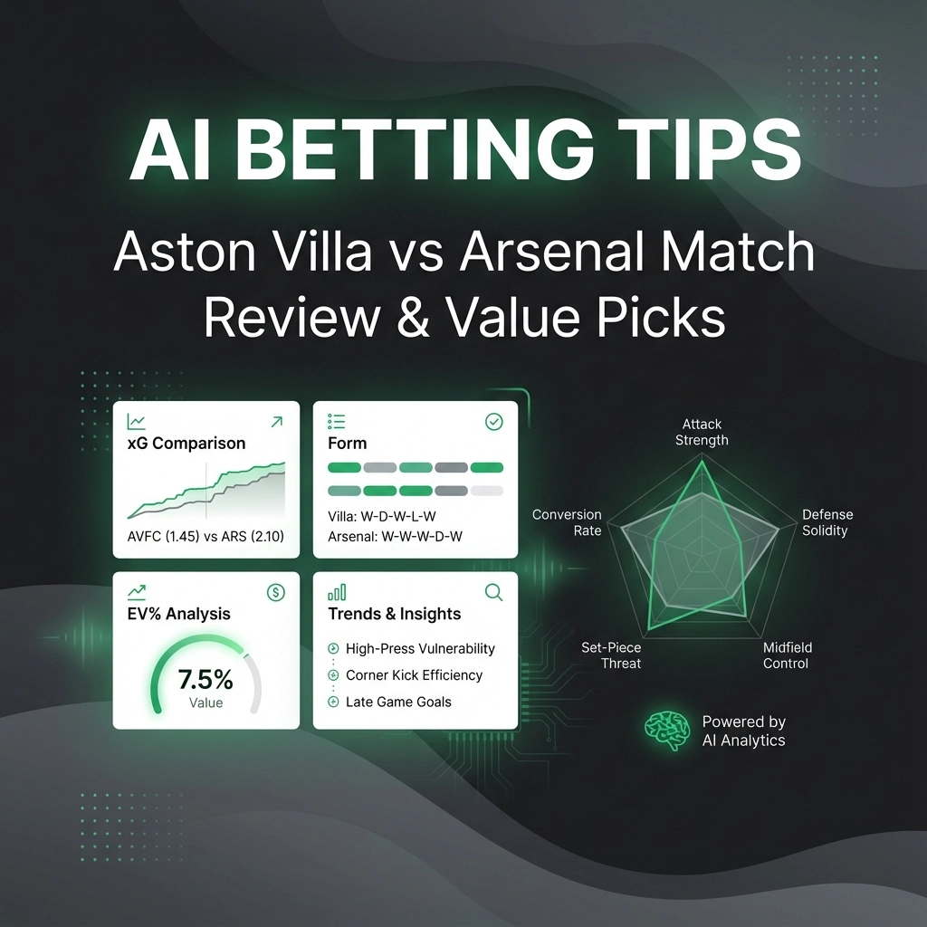 Infographic titled 'AI Betting Tips' showing Aston Villa vs Arsenal match review with AI analysis cards and a radar chart for metrics.