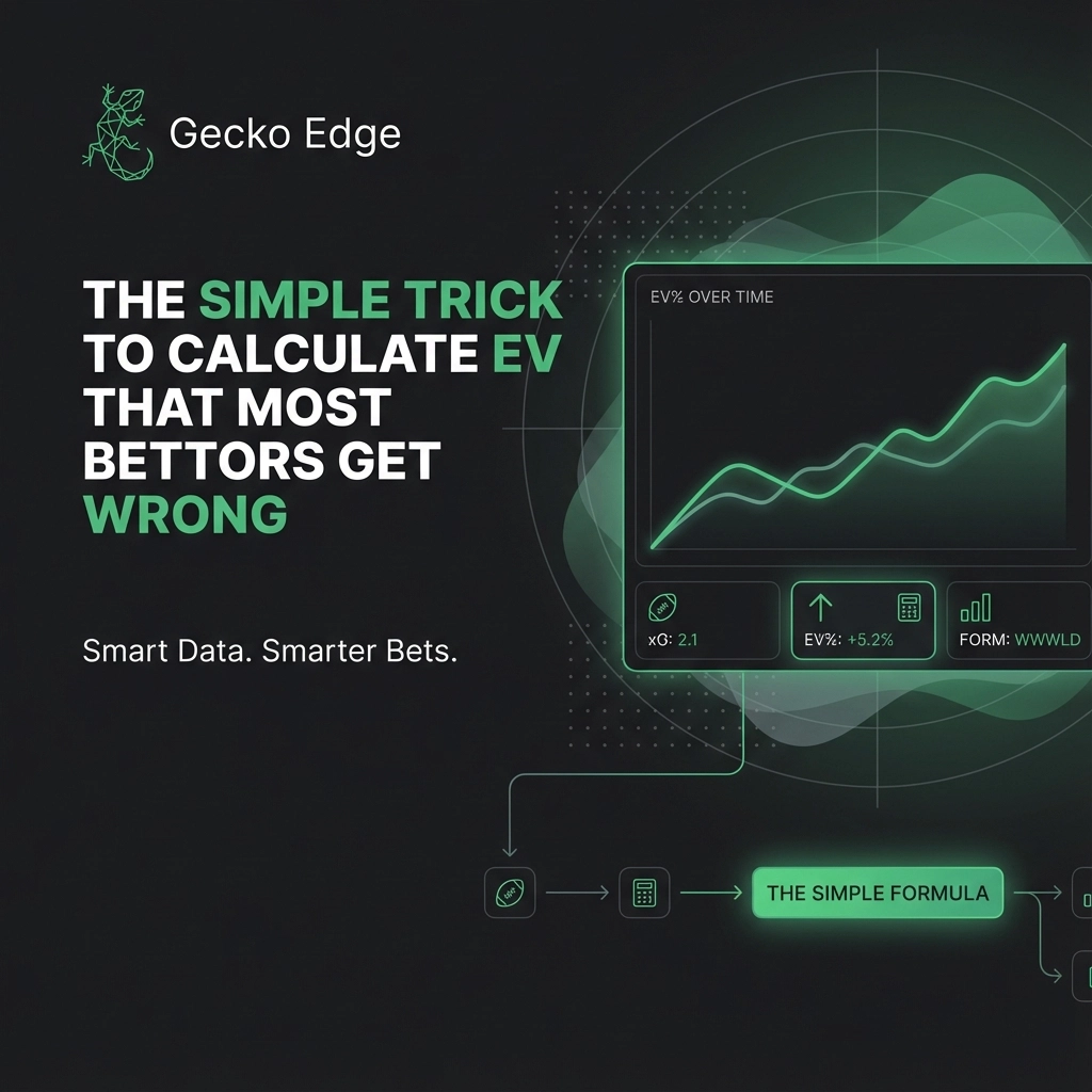 Gecko Edge infographic: bold title about calculating EV that most bets get wrong, with a green upward chart and the slogan 'Smart Data. Smarter Bets.'