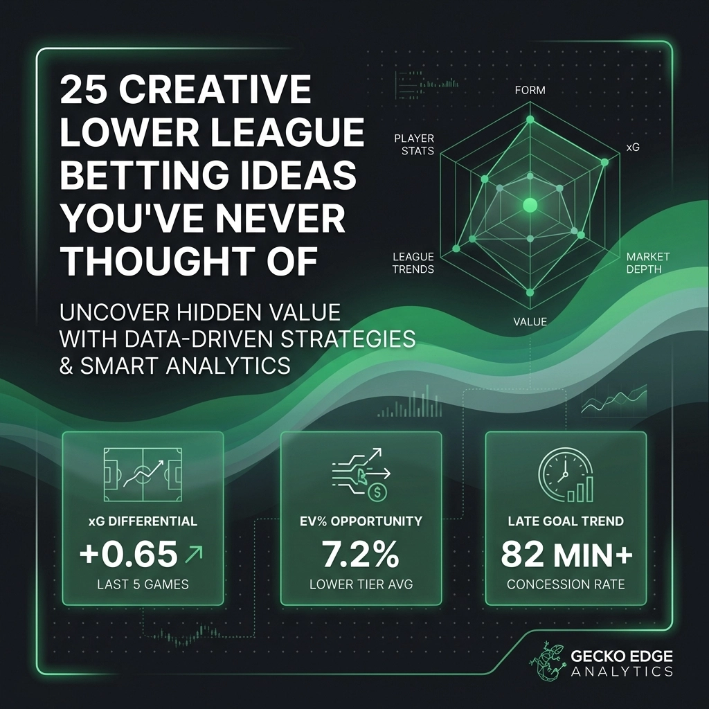 Infographic promoting data-driven betting ideas with neon green design, featuring a radar chart and three metric cards: xG Differential, EV% Opportunity, and Late Goal Trend, plus Leitmotiv text and Gecko Edge Analytics logo.