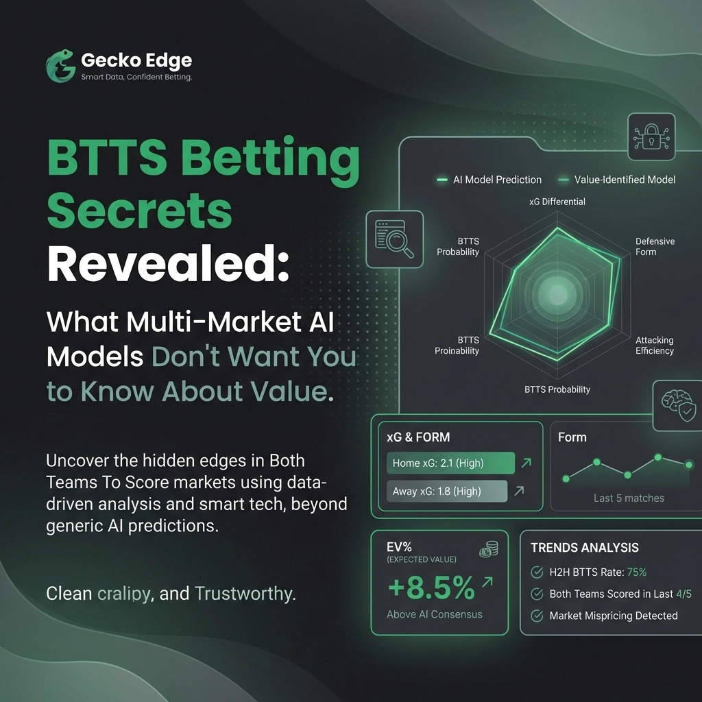 Gecko Edge branding with the title BTTS Betting Secrets Revealed; right side shows a neon radar chart and data panels about AI model predictions and form.