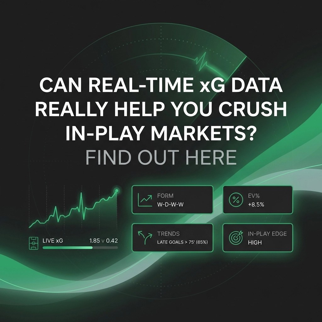 Promotional banner about real-time xG data for in-play markets, with a line graph and four feature panels labeled Form, EV%, Trends, In-Play Edge.