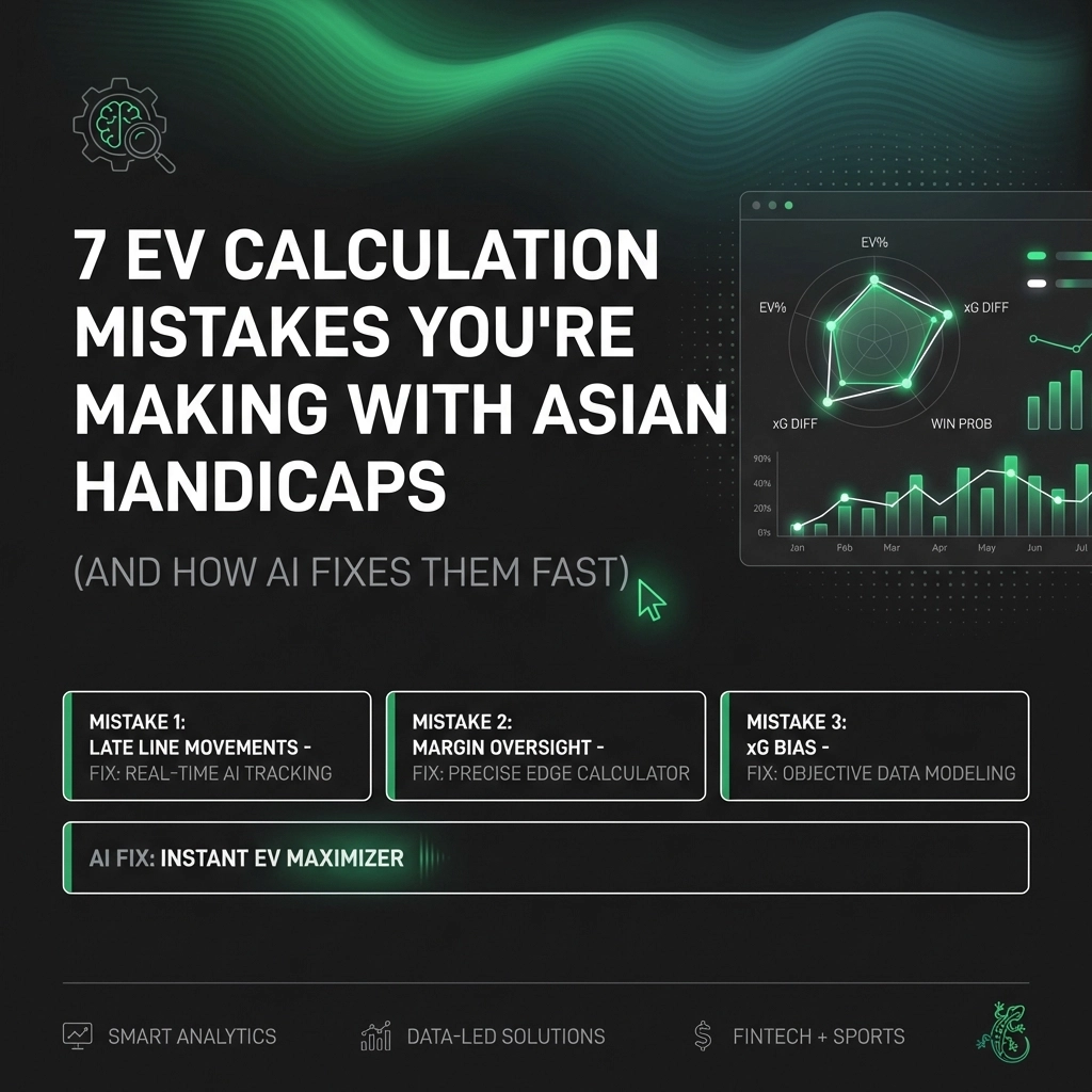 Infographic about 7 EV calculation mistakes and AI fixes, with a green-tech dashboard on the right, three mistake cards at bottom, and a dark background.