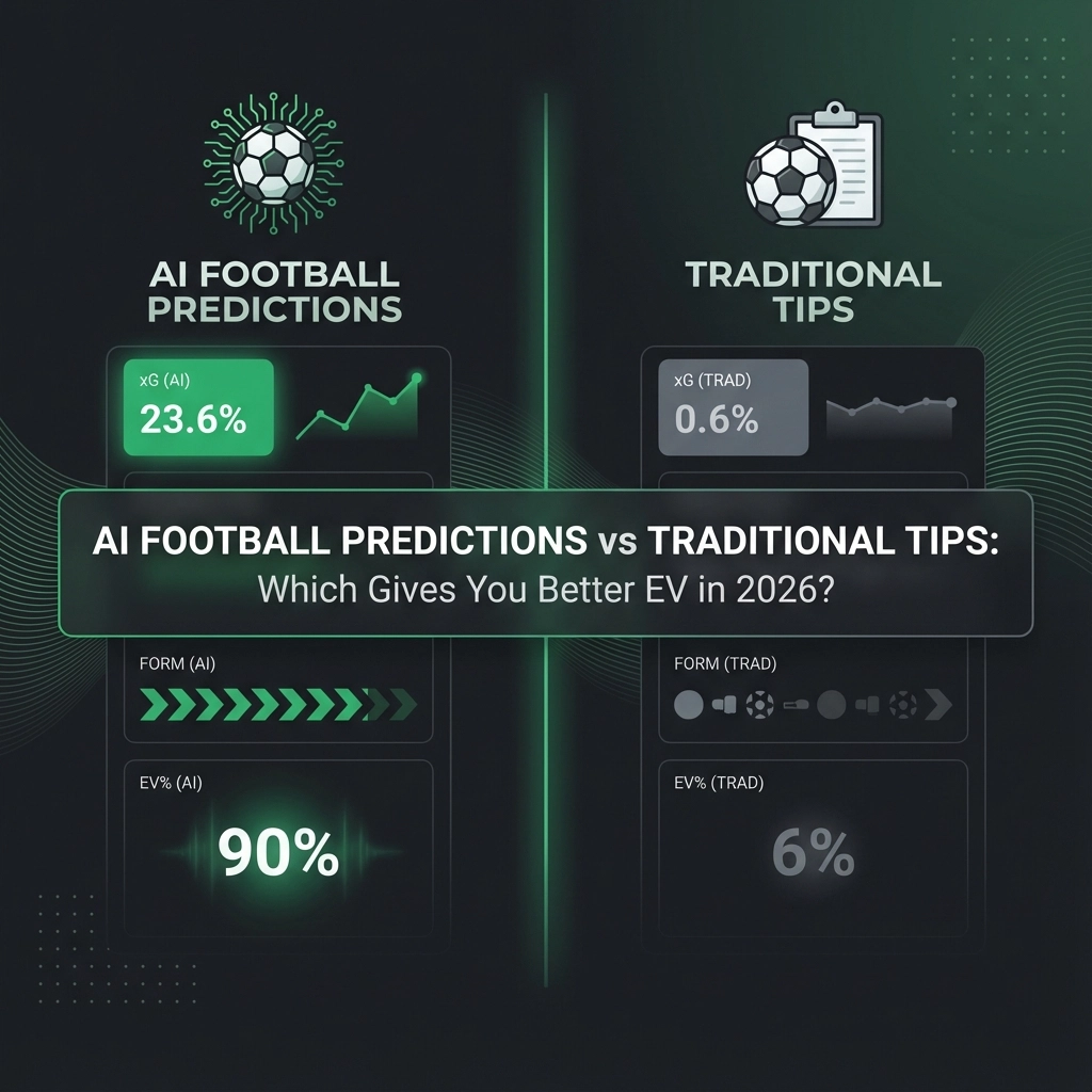 Split-screen infographic comparing AI Football Predictions vs Traditional Tips; AI shows 23.6% xG and 90% EV, traditional shows 0.6% xG and 6% EV, with a central title.