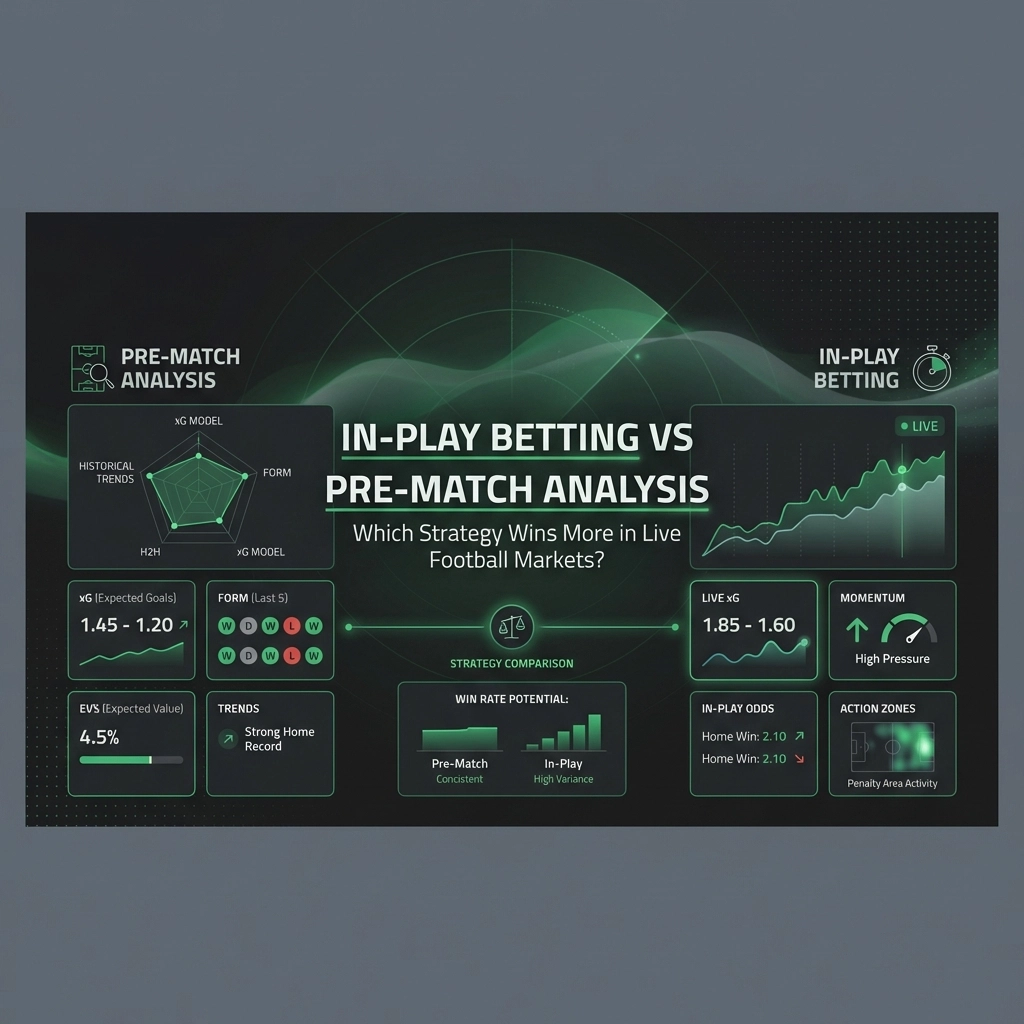 Infographic comparing in-play betting and pre-match analysis for live football markets with charts and metrics like odds, trends, and win rate potential.