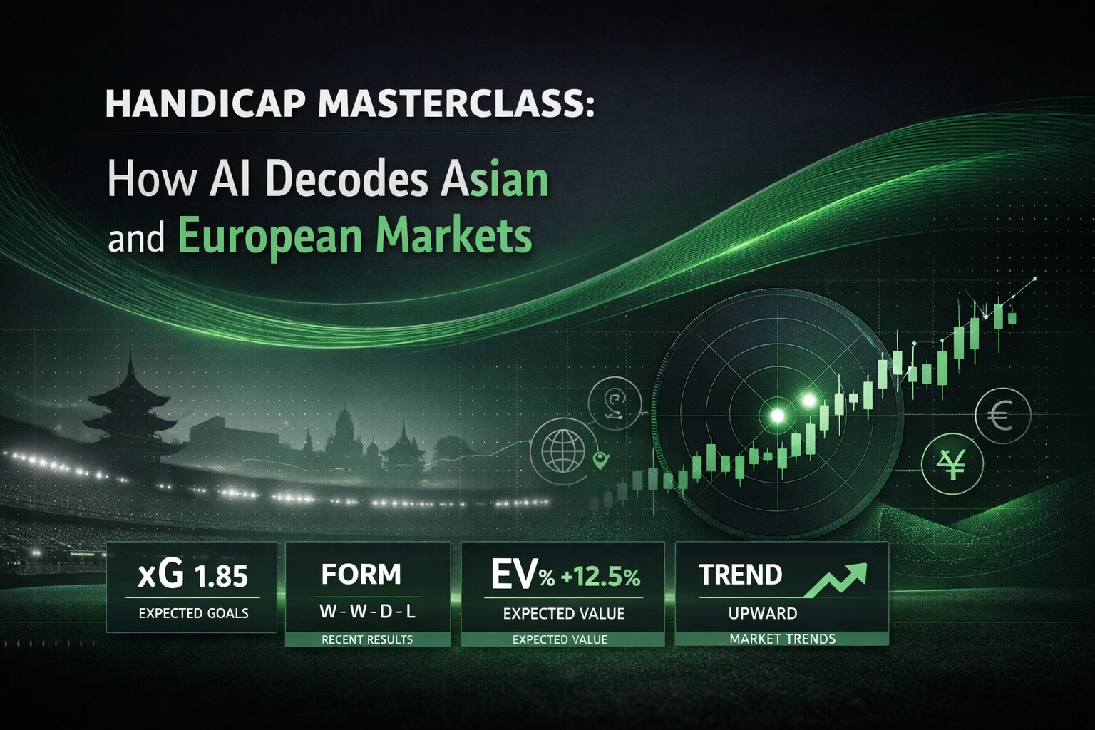 Promotional banner: 'Handicap Masterclass' about AI decoding Asian and European markets, with a green stock chart and stadium silhouette.