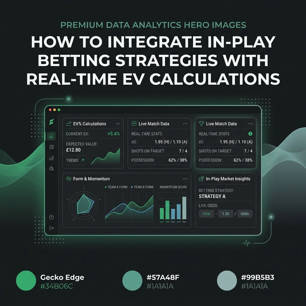 Promotional banner for data analytics hero images with the title about in-play betting strategies and a dark teal dashboard mockup framed by green waves