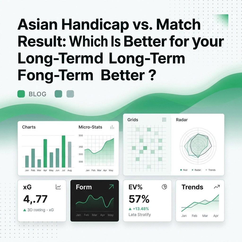 Infographic hero with a data dashboard layout: charts panels, 'Asian Handicap vs. Match Result' title, and analytics tiles (xG, EV%, Trends) on a mint gradient background.