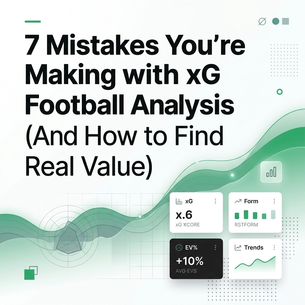 Hero image for an article on avoiding common xG football analysis mistakes, featuring bold title and green data visuals with widgets like xG and Trends.