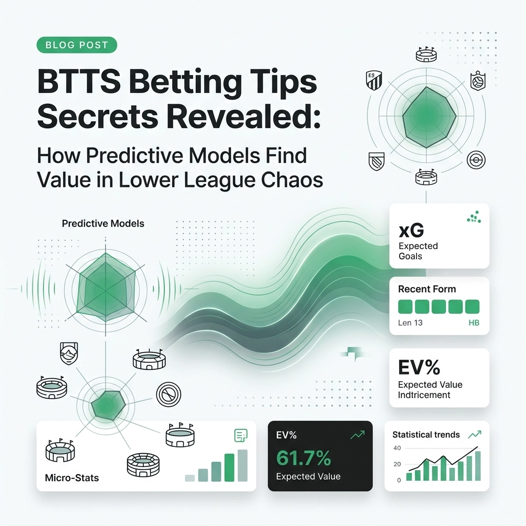 Blog post hero: BTTS Betting Tips Secrets Revealed—How Predictive Models Find Value in Lower League Chaos, with radar charts and data cards on the right.