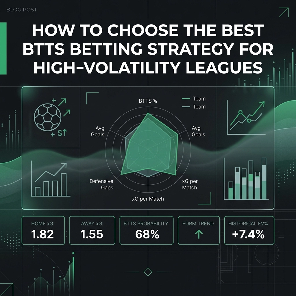 Blog post cover with dark theme and teal data visuals, including a radar chart on BTTS% and panels showing xG, goals, and a 68% BTTS probability