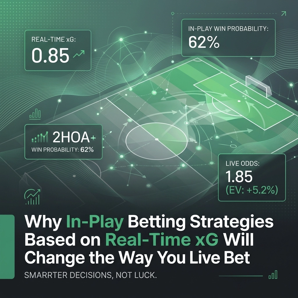Green infographic showing live football betting metrics: real-time xG 0.85, win probability 62%, and live odds 1.85 on a soccer pitch.