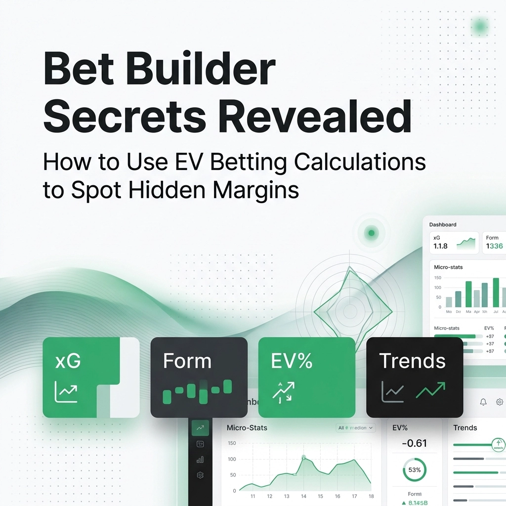 Promotional hero: “Bet Builder Secrets Revealed” with course subtitle about EV betting calculations to spot margins and sample dashboards in the background.