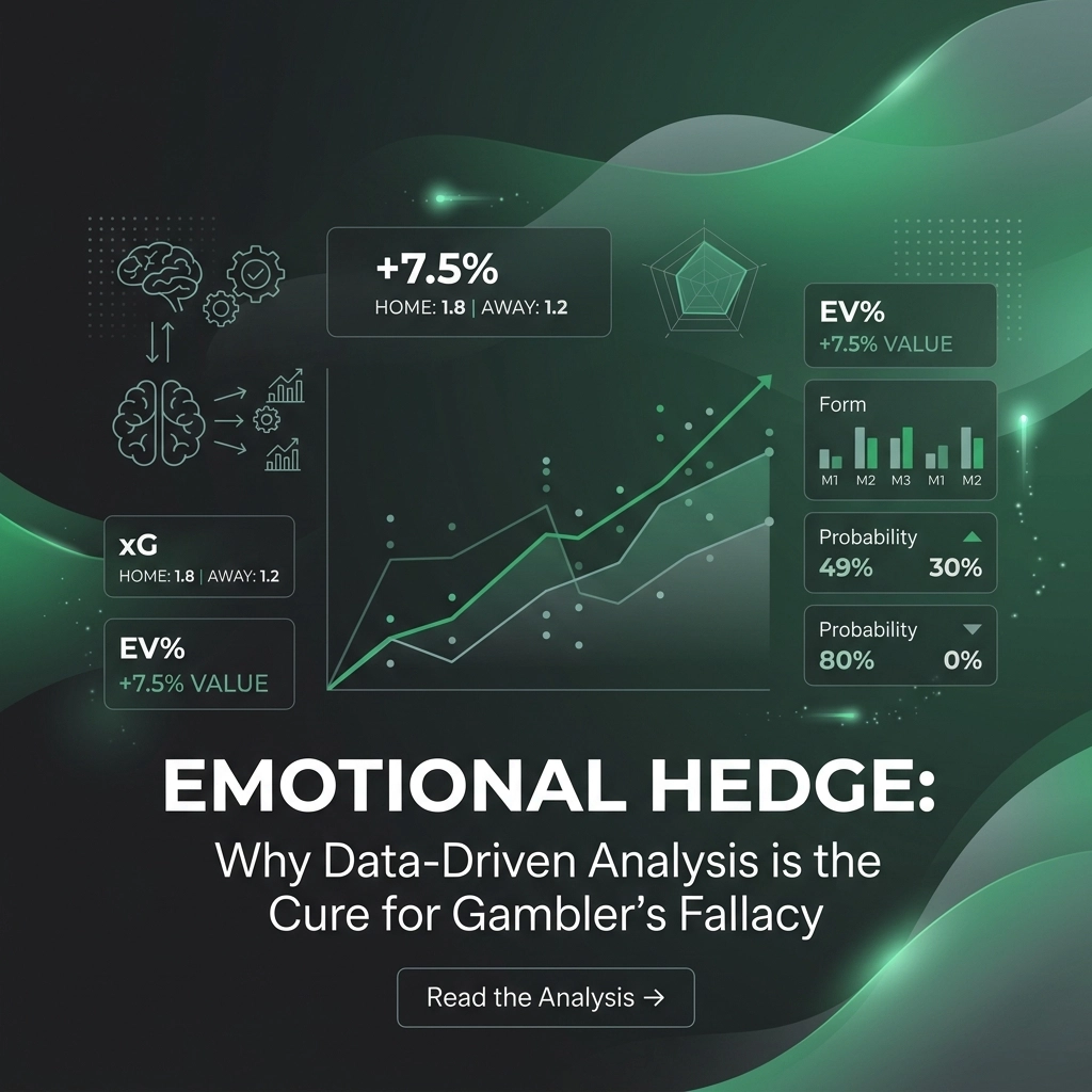 Green-toned data visualization hero with line charts, stat boxes (EV%, xG, Form, Probability), and the title 'EMOTIONAL HEDGE: Why Data-Driven Analysis is the Cure for Gambler’s Fallacy'