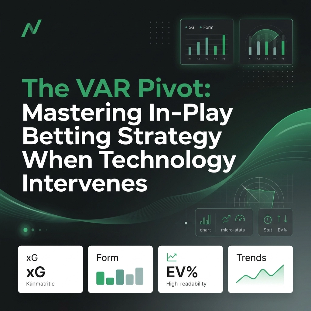 Cover image for a presentation titled 'The VAR Pivot: Mastering In-Play Betting Strategy When Technology Intervenes' with green charts and four feature cards labeled xG, Form, EV%, Trends at the bottom.