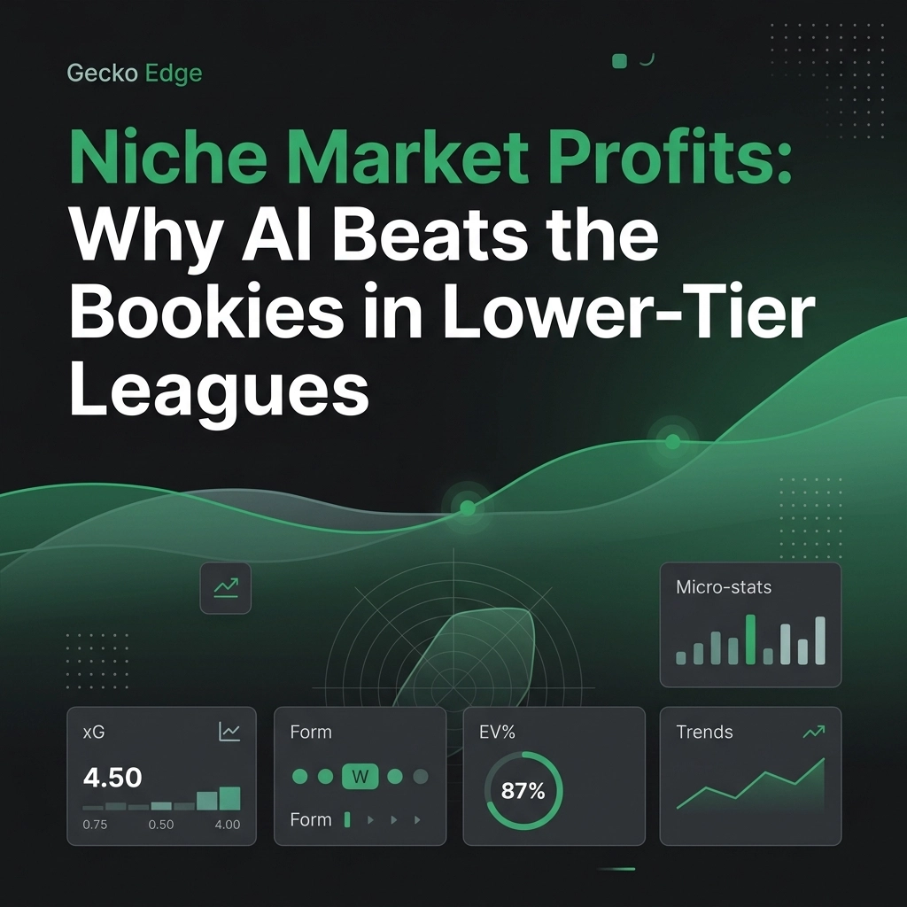 Cover with dark gradient, green headline 'Niche Market Profits: Why AI Beats the Bookies in Lower-Tier Leagues' and Gecko Edge logo; green wave graphics and data widgets at the bottom.