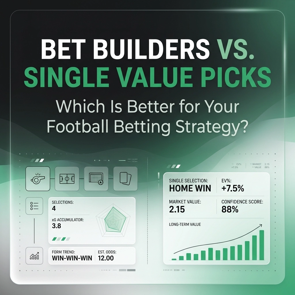 Infographic comparing bet builders versus single value picks with the subtitle 'Which Is Better for Your Football Betting Strategy?'. Features green and white UI panels and a rising chart on the right side.