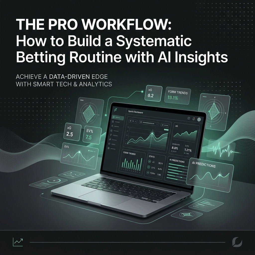 Hero image with a laptop displaying neon dashboards and charts, title reads 'THE PRO WORKFLOW: How to Build a Systematic Betting Routine with AI Insights'. It conveys AI-powered analytics workflow.