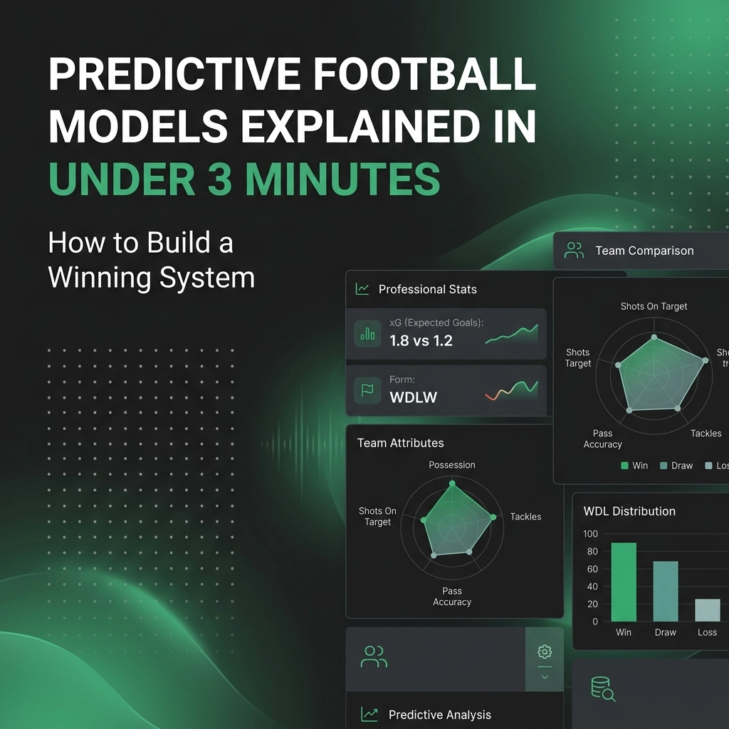 Promotional slide with a dark green gradient background and the title 'Predictive Football Models Explained in Under 3 Minutes' alongside sample analytics dashboards.