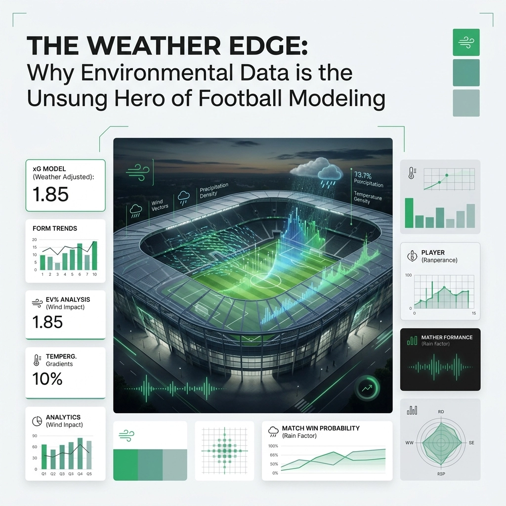 Infographic about weather data in football modeling; stadium diagram with charts and dashboards showing xG model 1.85, form trends, wind impact, and rain factors.