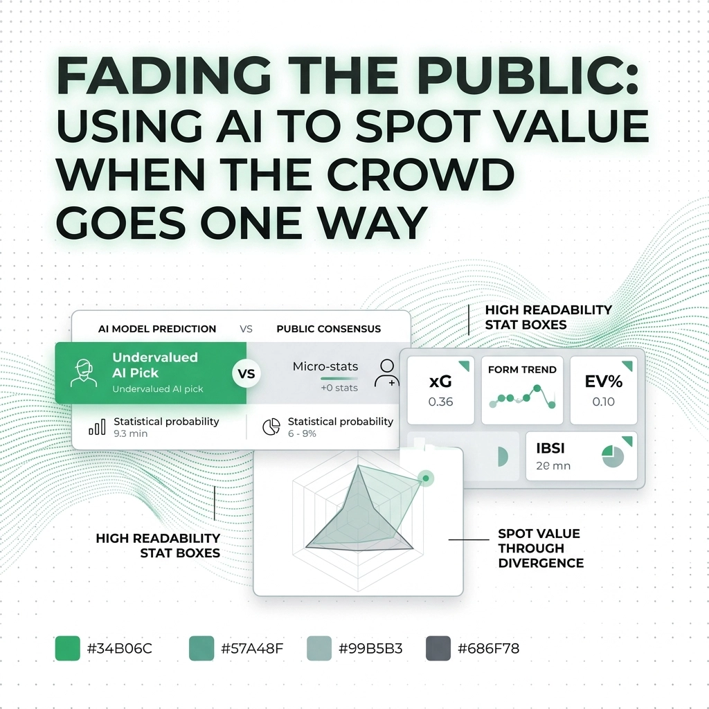 Infographic titled 'Fading the Public: Using AI to Spot Value When the Crowd Goes One Way,' showing AI vs public-consensus panels, stat boxes, a radar chart, and color swatches.