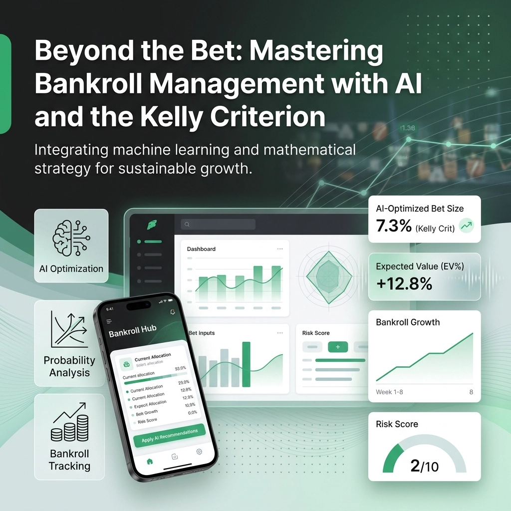 Banner for AI-powered bankroll management: charts, dashboard elements, and a smartphone showing the app used for managing funds.