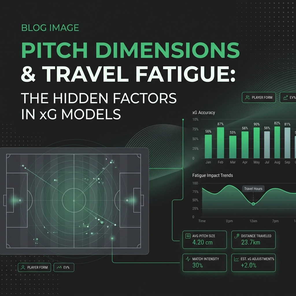 Infographic hero: dark background with green accents showing pitch dimensions and travel fatigue data for xG models with charts and a soccer field diagram.