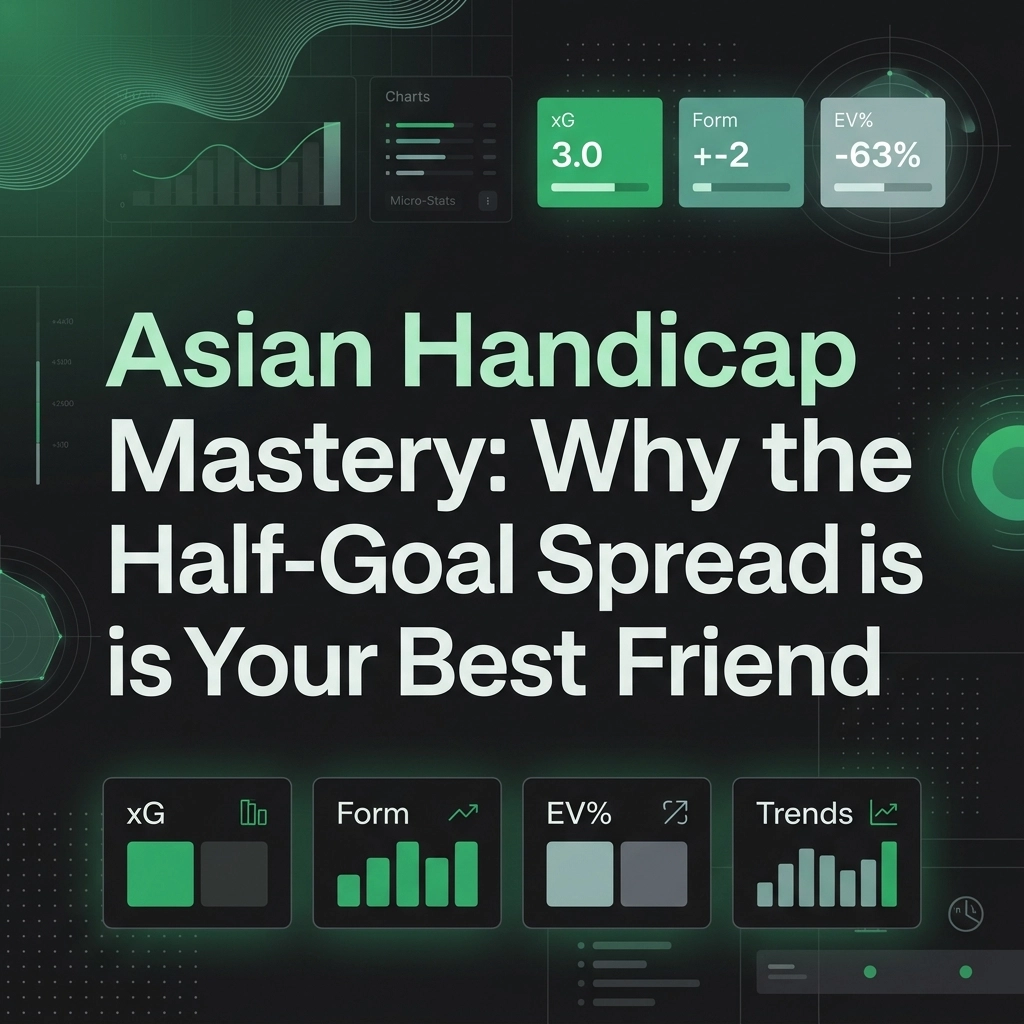 Hero image for an article titled 'Asian Handicap Mastery: Why the Half-Goal Spread is Your Best Friend' featuring a dark tech dashboard with charts and green data panels above a large bold headline.