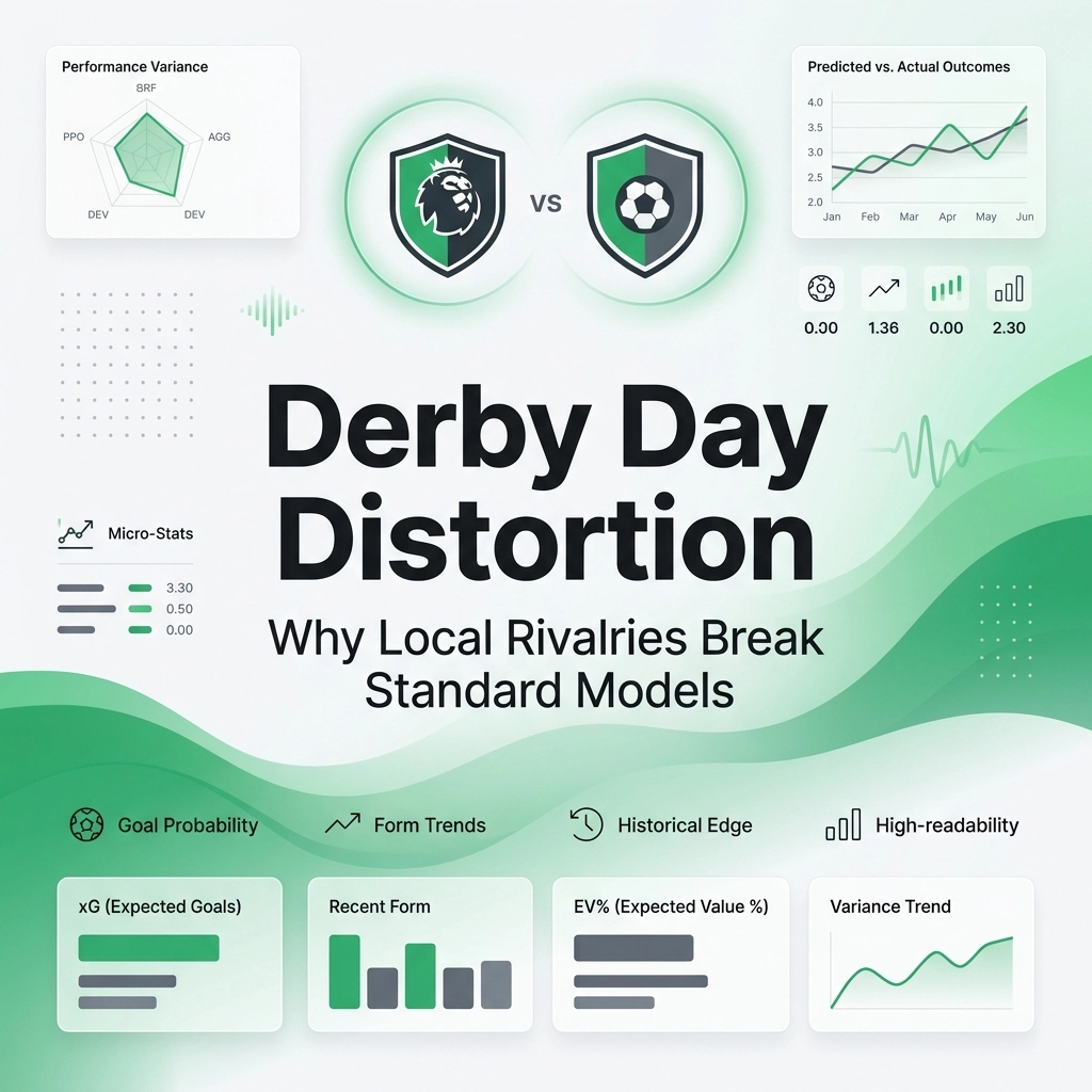 Infographic titled 'Derby Day Distortion' showing two team crests vs. with charts, icons, and a subtitle about why local rivals break standard models; green-and-white color scheme.
