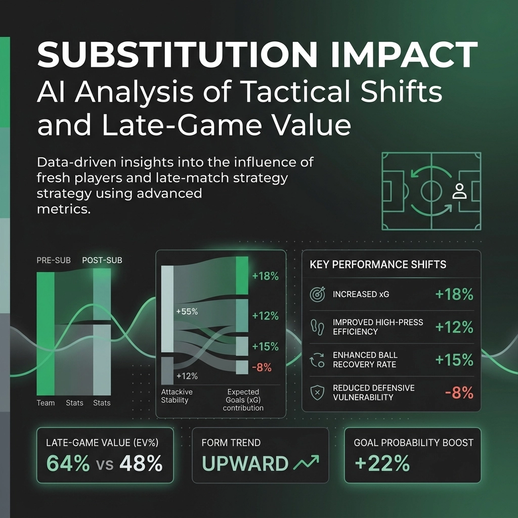 Infographic on substitution impact in soccer showing pre/post effects and key performance shifts with percentages.