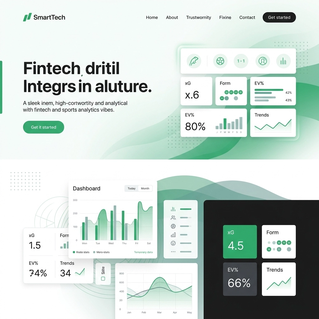 Hero section showing a fintech analytics dashboard concept with green, curved graphics and floating data cards to illustrate analytics features.