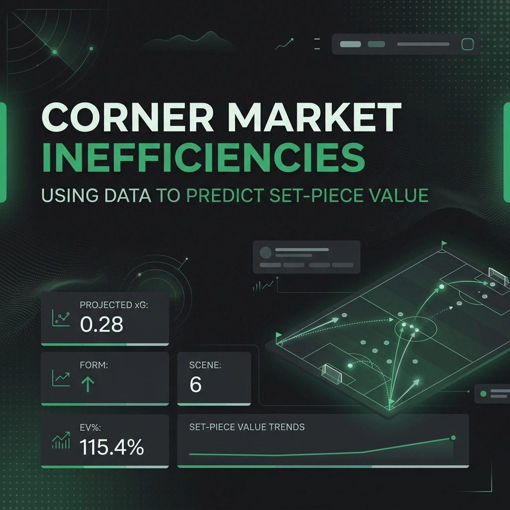 Dark tech-infographic titled 'Corner Market Inefficiencies' showing data cards (Proj xG 0.28, Form up, Scene 6, EV% 115.4%) and a 3D tactical pitch with green arrows and a trends graph in the bottom panel.