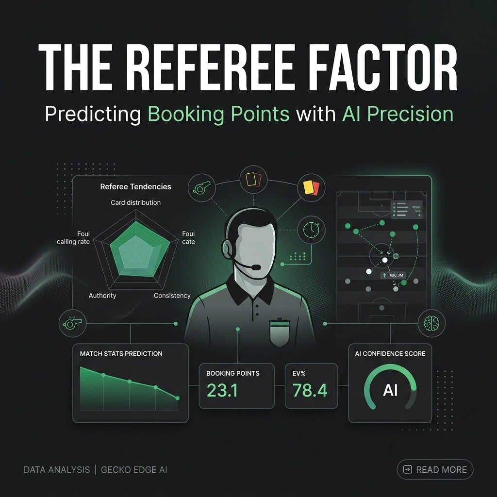 Infographic poster showing AI-driven prediction of booking points with a referee figure and futuristic dashboards in dark tones.
