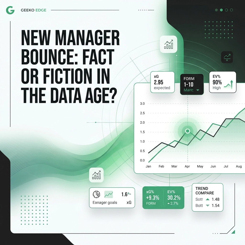 Infographic with the title 'New Manager Bounce: Fact or Fiction in the Data Age?' and a green abstract background with a rising line chart.