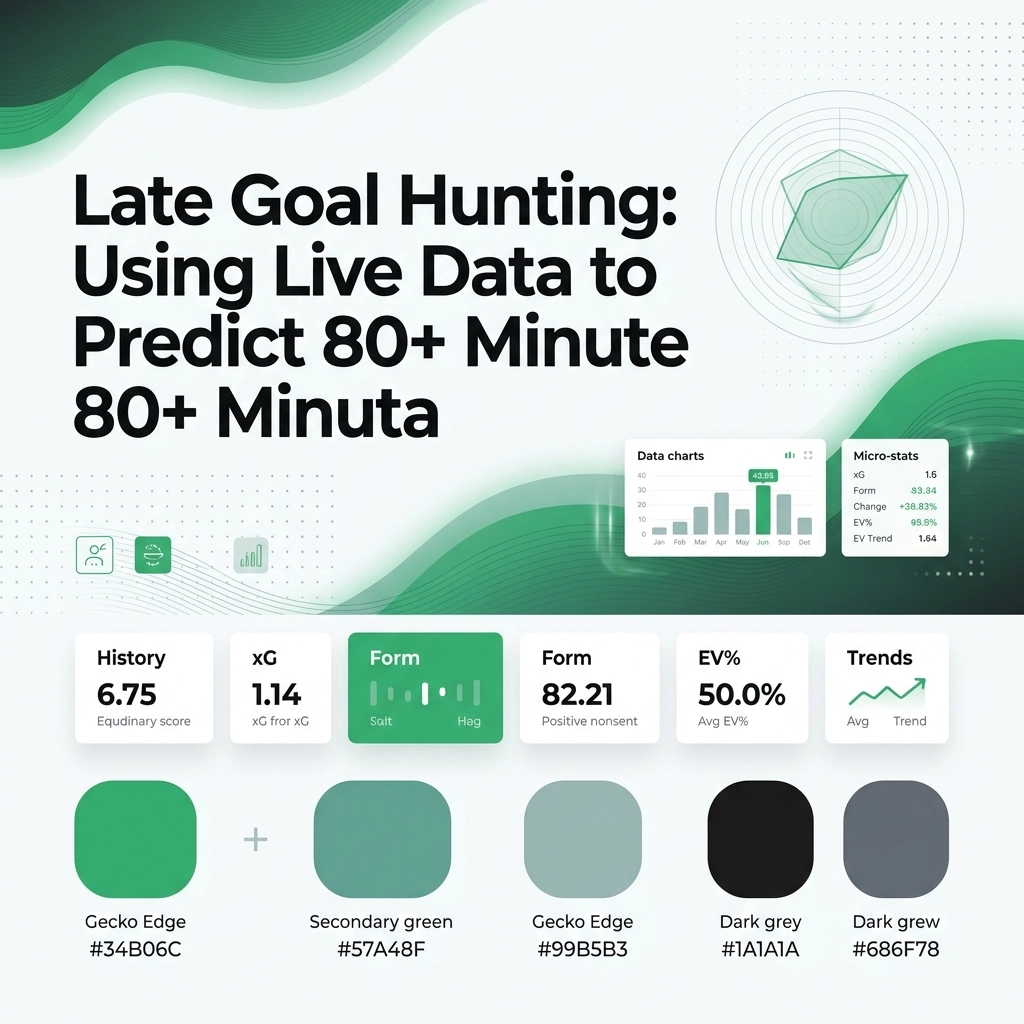 Infographic-style image with a bold title: 'Late Goal Hunting: Using Live Data to Predict 80+ Minute 80+ Minuta' and green abstract shapes with charts and color swatches at the bottom.