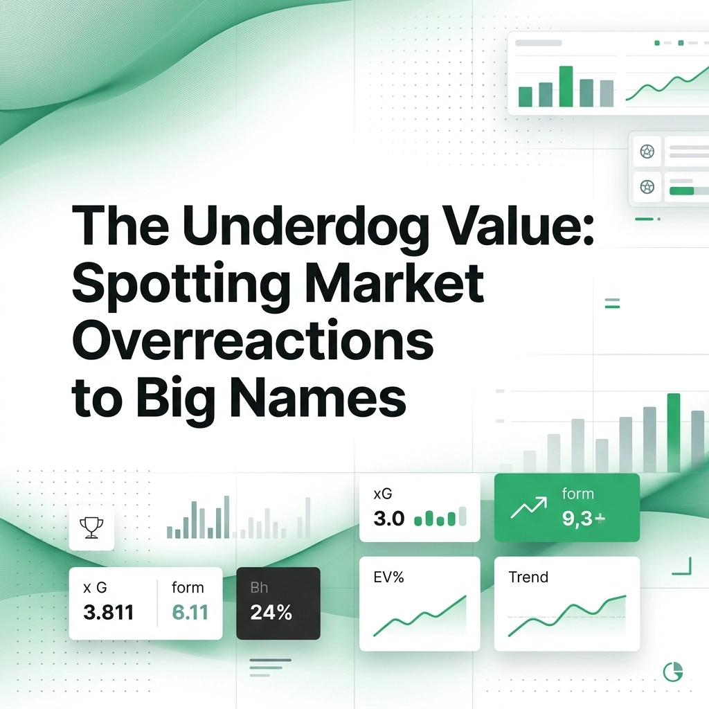 Cover image for an article titled 'The Underdog Value: Spotting Market Overreactions to Big Names' with green graphs and charts in the background, suggesting finance insights.